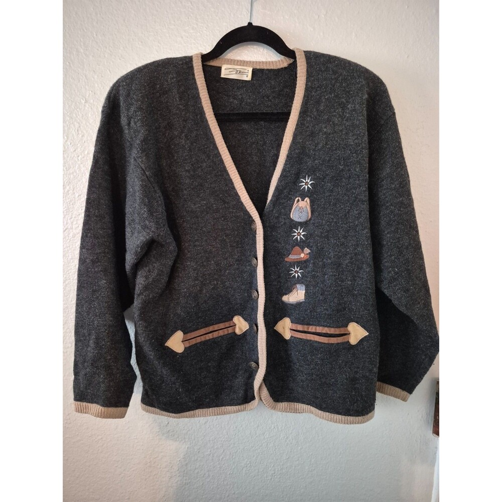 Vintage Demi Lambswool Cardigan L Gray Alpine Tyrolean Austria Ski Embroidered